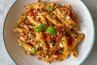 Baked Salmon and Feta Pasta with Cherry Tomatoes