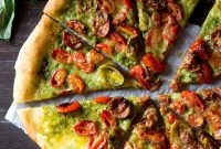 Basil Pesto Pizza with Mozzarella and Roasted Tomatoes