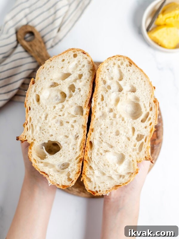 Airy loaf of sourdough bread sliced in half