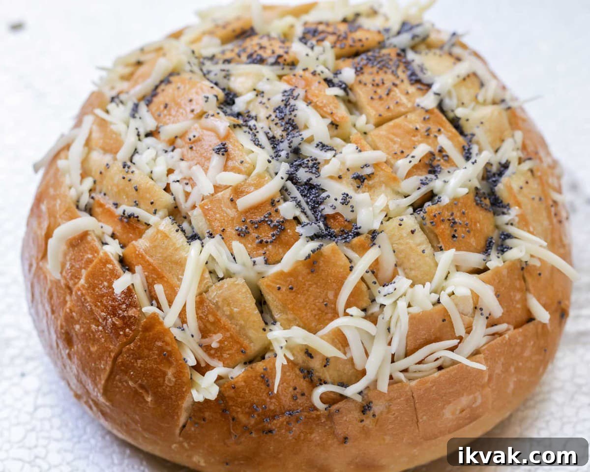Pull Apart Bread is a favorite appetizer and perfect for sharing. There is cheesy, delicious goodness in every bite! Cheesy Pull Apart Bread topped with poppy seeds ready for baking.