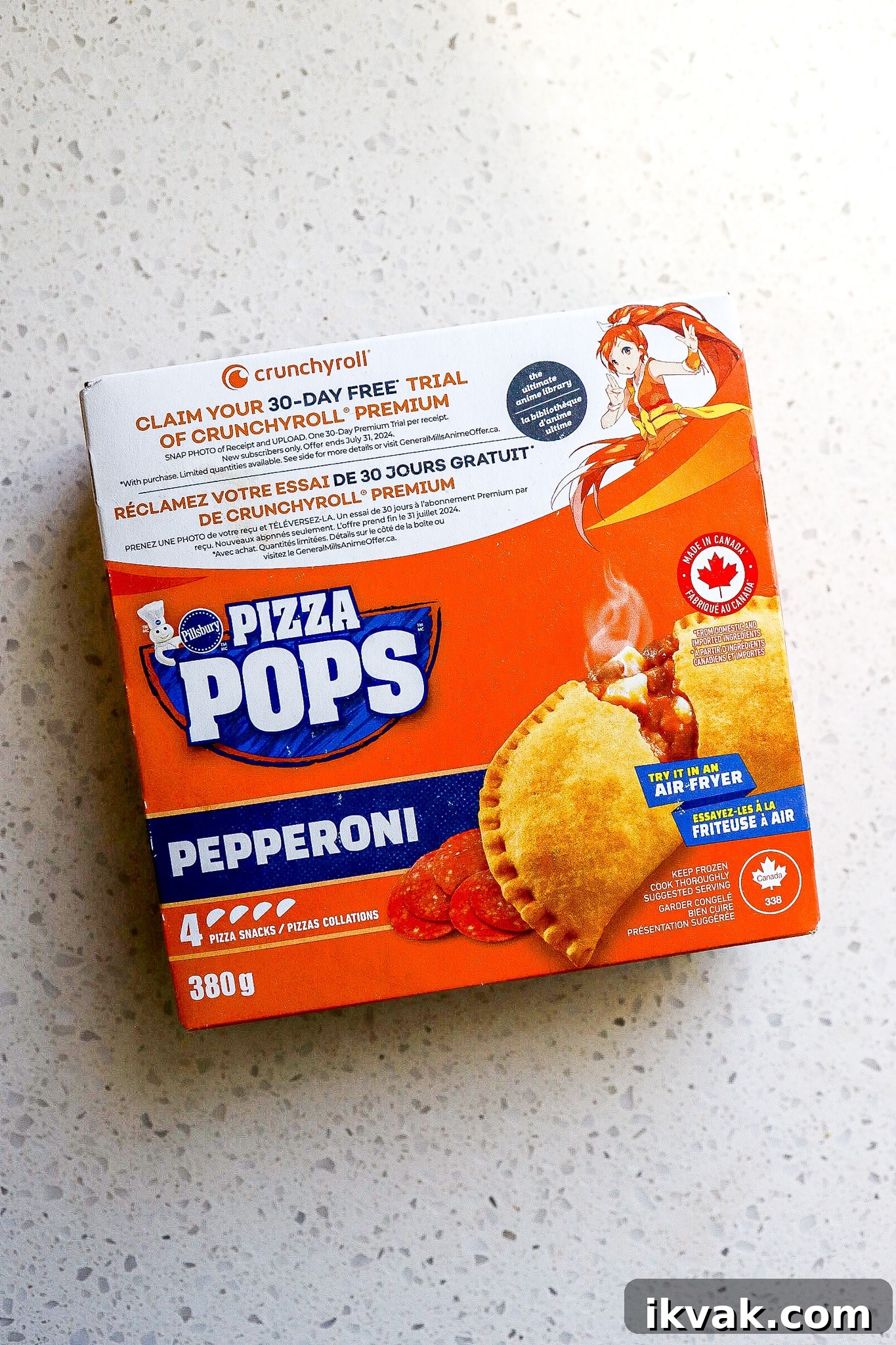 Crispy Air Fryer Frozen Pizza Pops Recipe 4 Top down view of pizza pop box on white kitchen counter.