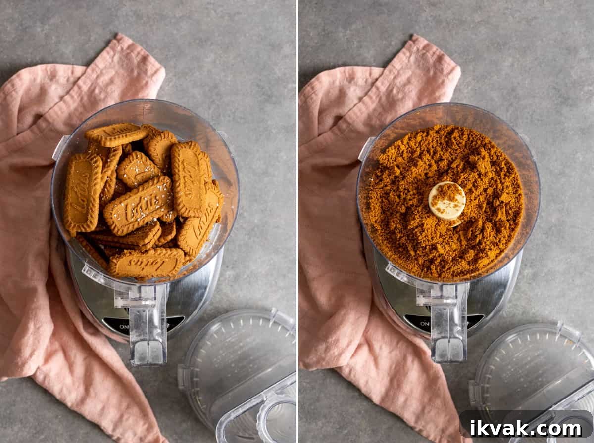 Grinding biscoff cookies in a food processor.