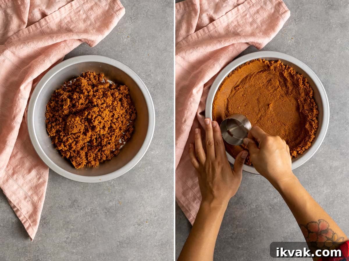 Forming biscoff cookie crust in a pie dish.