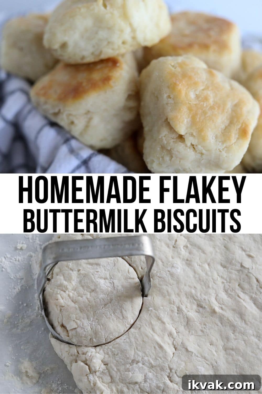 collage of biscuits made from scratch. the top picture is biscuits in a basket and the bottom is biscuit dough being cut by a biscuit cutter.