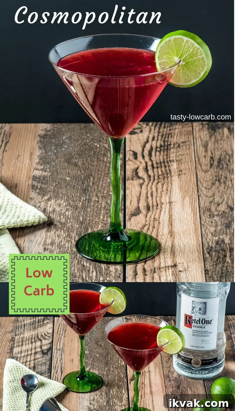 Low-Carb Cosmopolitan Cocktail Recipe: Low-Sugar Vodka Cosmo 7 Cocktail closeup