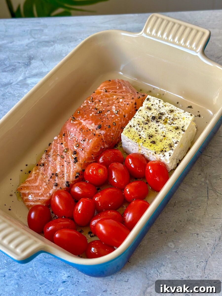 Baked Salmon and Feta Pasta with Cherry Tomatoes 3 salmon feta pasta