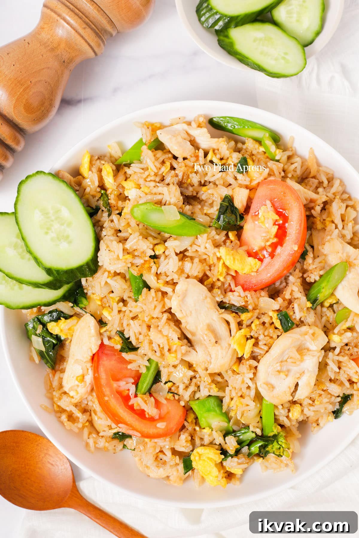 Top down shot of Thai fried rice on a plate.