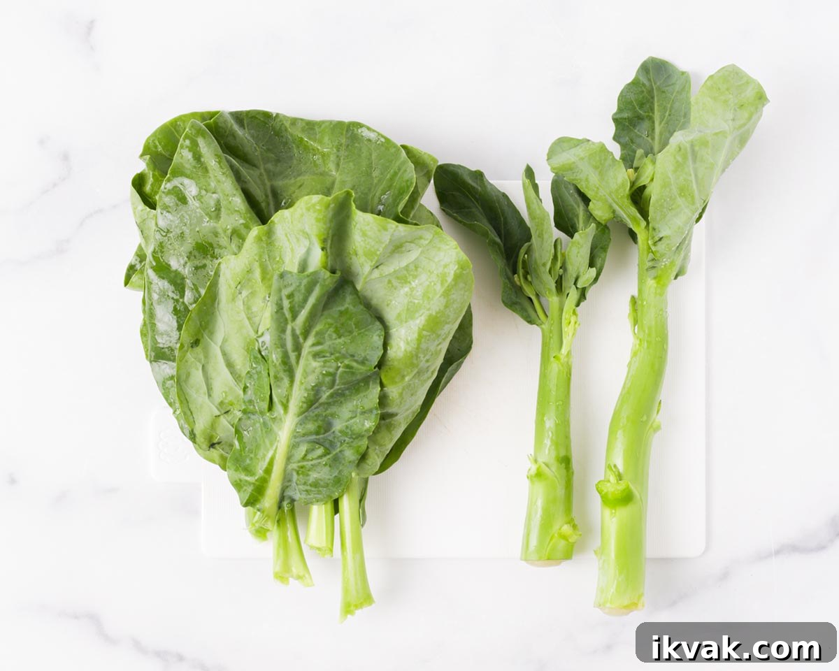 Showing the gai lan leaves and stem seperated.