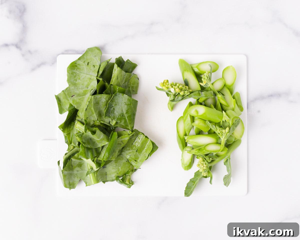 Gai lan leaves and stem cut.