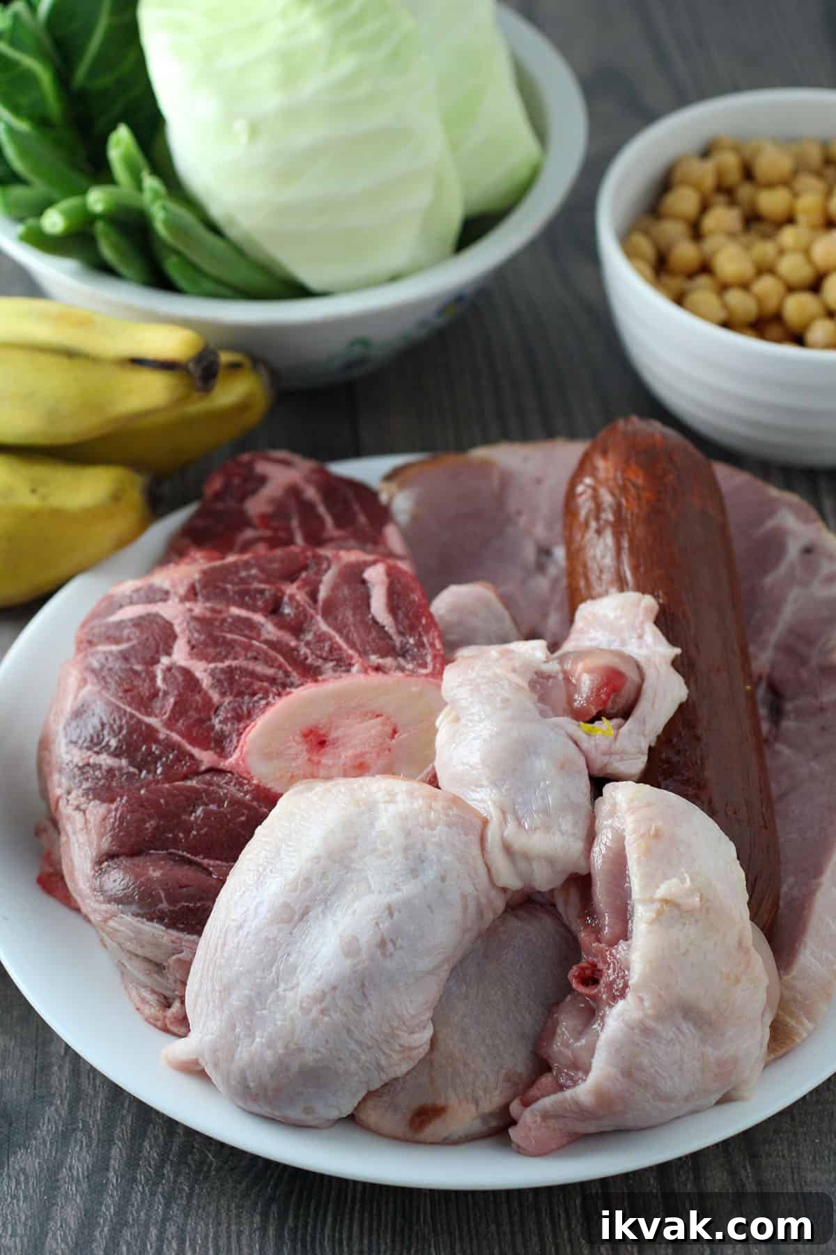Cocido: Traditional Spanish Stew Recipe and Serving Guide 3 beef shank, sausage, chicken, saba bananas, garbanzo beans, pechay, string beans