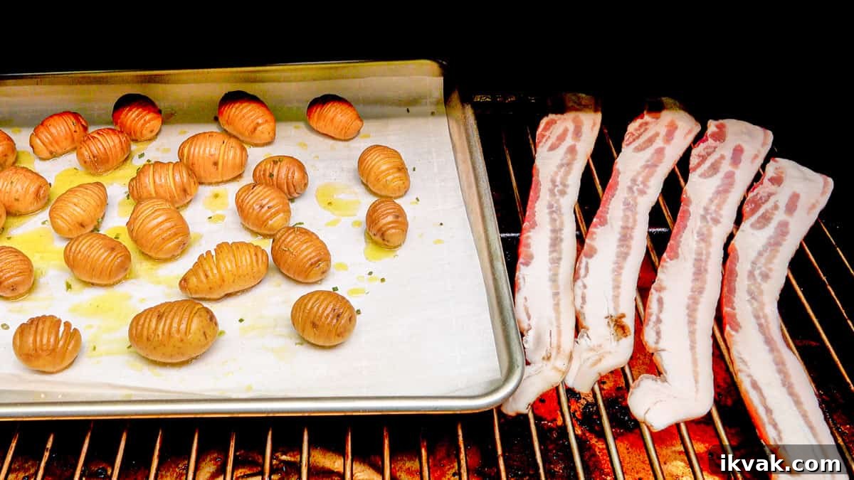 Bacon and potatoes in smoker