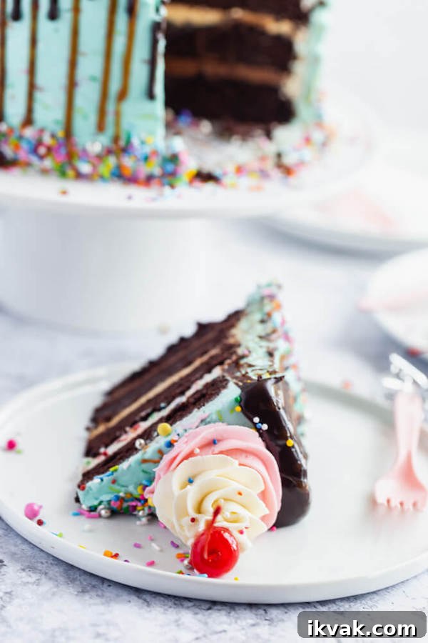 chocolate cake filled with vanilla sprinkle, caramel and chocolate buttercream and covered in a teal sprinkle frosting, topped with maraschino cherries and decorated with more sprinkles.