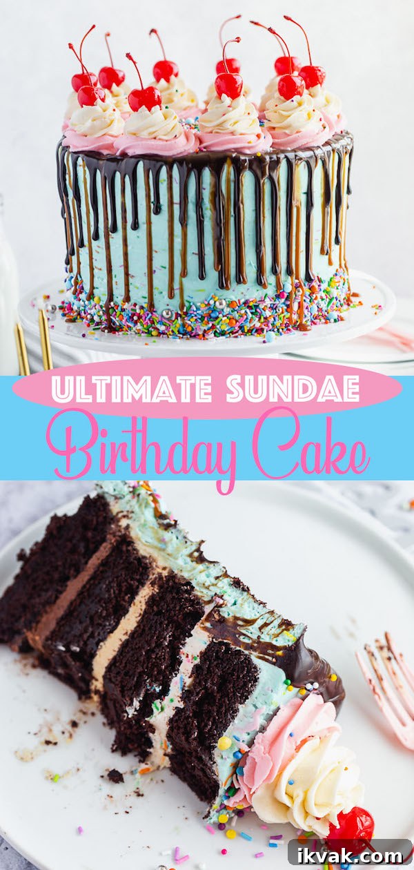 chocolate cake filled with vanilla sprinkle, caramel and chocolate buttercream and covered in a teal sprinkle frosting, topped with maraschino cherries and decorated with more sprinkles.