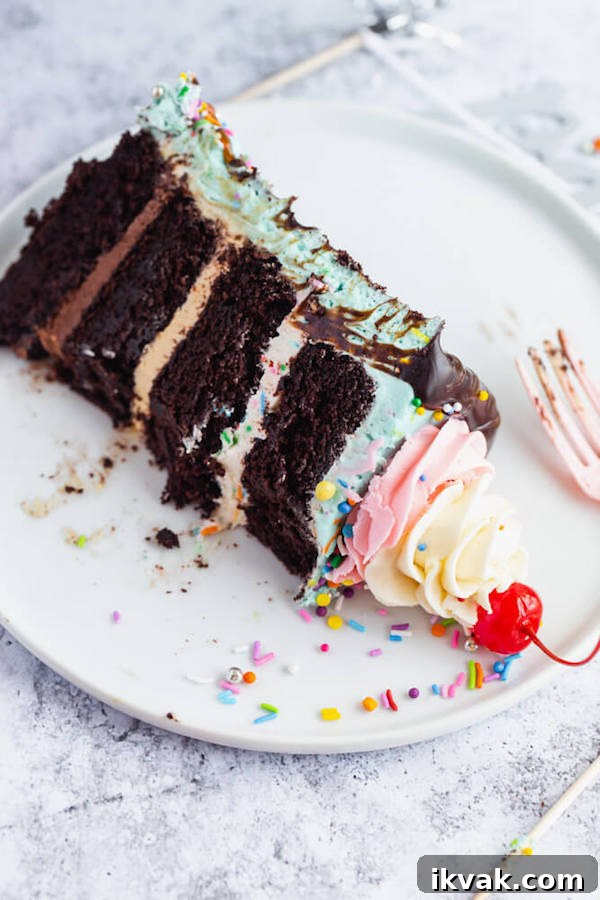 chocolate cake filled with vanilla sprinkle, caramel and chocolate buttercream and covered in a teal sprinkle frosting, topped with maraschino cherries and decorated with more sprinkles.