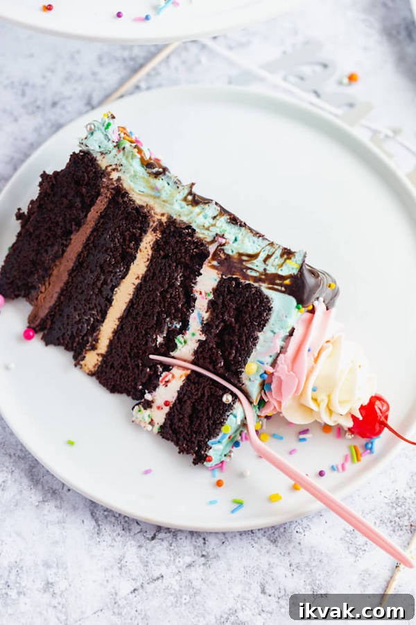 chocolate cake filled with vanilla sprinkle, caramel and chocolate buttercream and covered in a teal sprinkle frosting, topped with maraschino cherries and decorated with more sprinkles.