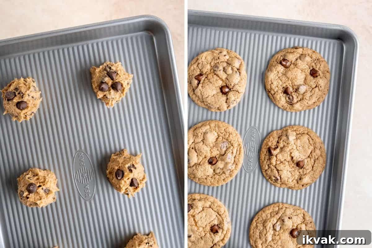 Chocolate Chip Cookies Made with Sourdough Discard 8 2 photo collage showing unbaked and then baked chocolate chip cookies on a baking sheet.
