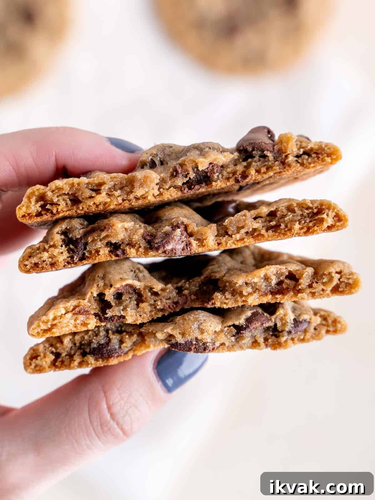 Chocolate Chip Cookies Made with Sourdough Discard 9 Close up of a hand holding sourdough chocolate chip cookies broken in half.