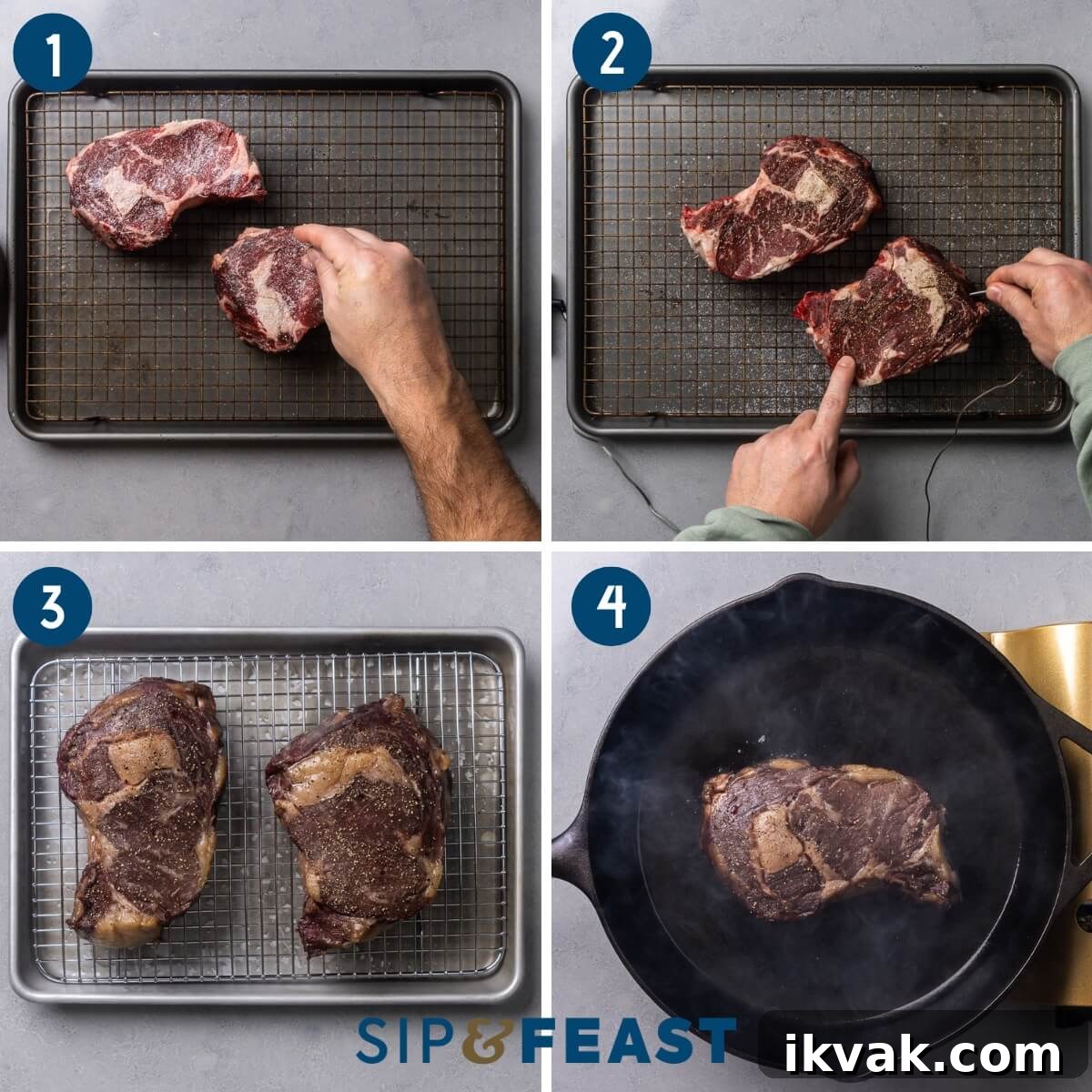 Recipe process shot collage showing salting, probing, oven-cooking, and searing.