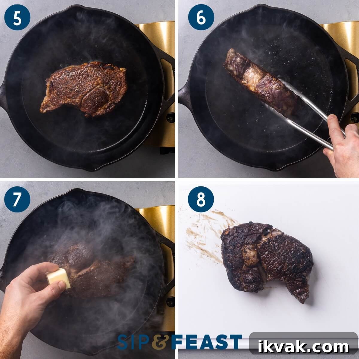Collage showing searing, basting with butter, and plating.