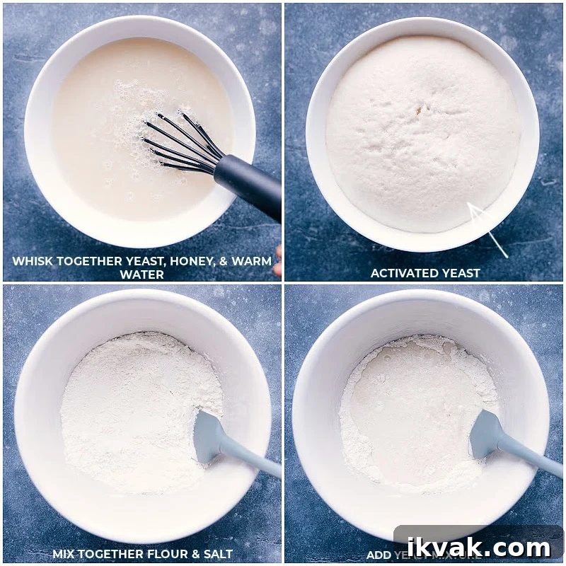Activating The Yeast For Focaccia Yeast, honey, warm water, flour, and salt are mixed together in a bowl.