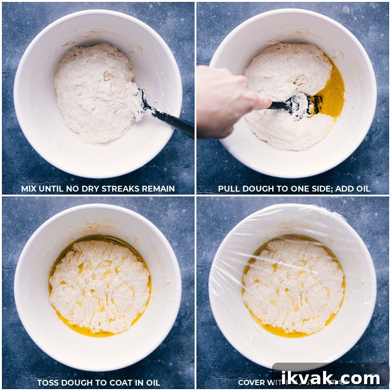 How To Make Focaccia The dough is mixed together, oil is added, and then it is covered with plastic wrap.