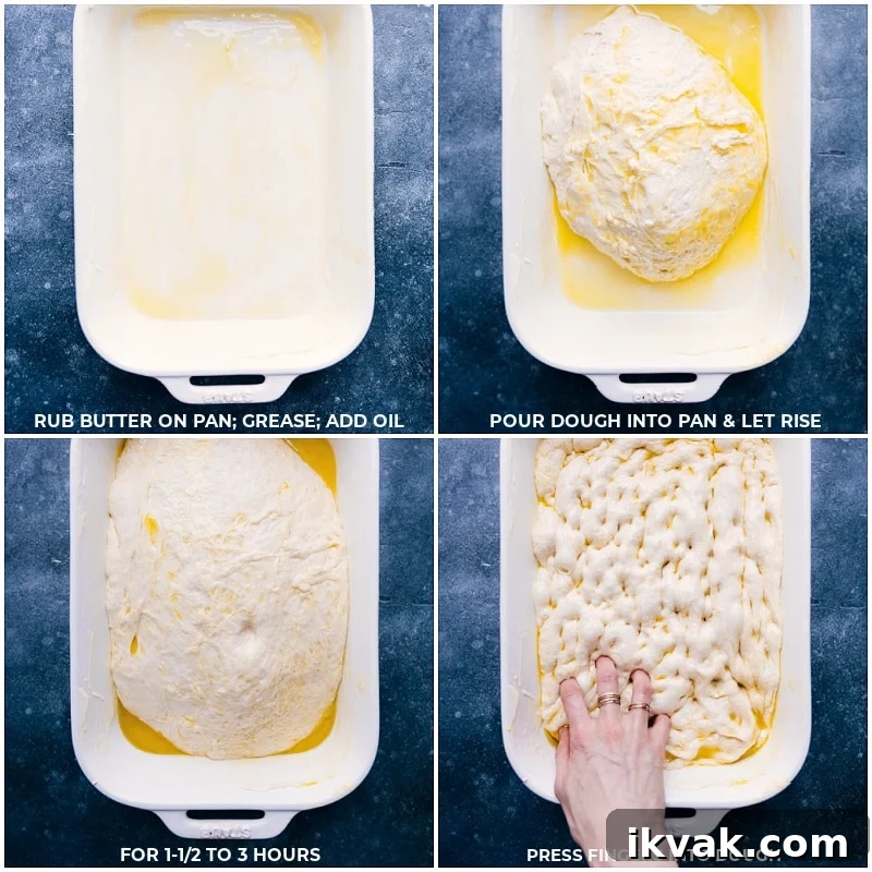 Piercing The Dough To Give It That Traditional Focaccia Look Grease the pan and place the dough in it. Let it rise for a few hours. Then, press your fingers into the dough to create the focaccia.