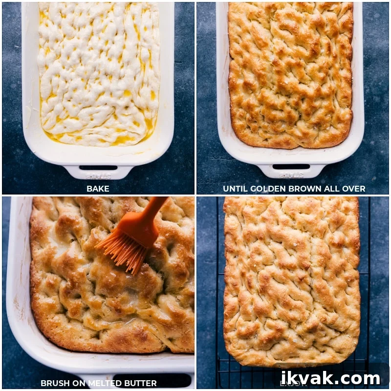 This is our favorite Focaccia -- it has a crisp, salty crust with a light and chewy texture and rich flavor. This fragrant Italian bread can be made in a 9x13-inch pan for the perfect sandwich bread or in a half-sheet pan for the for ultimate snacking bread. Recipe via ChelseasMessyApron #bread #quick #easy #simple #delicious #best #fresh #sidedish #focaccia Process shots of Focaccia-- images of the dough being baked and then butter being spread on top