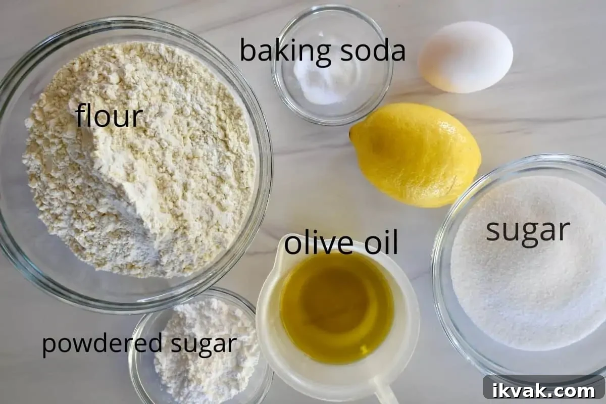 overhead photo of ingredients needed including flour, baking soda, egg, and olive oil. 