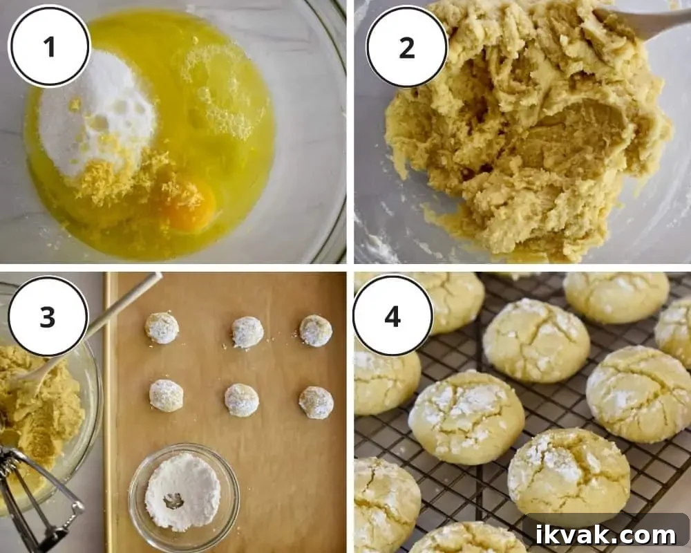 process shots showing the batter in bowl and the dough rolled into balls and dipped in powdered sugar. 