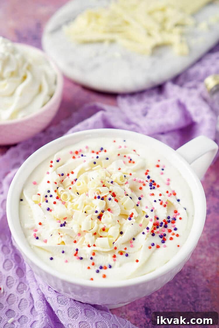 Creamy White Chocolate Hot Chocolate Recipe 2 This Boozy or Not White Hot Chocolate is a fun dessert beverage everyone can enjoy! A simple and sweet concoction to warm you up during the winter months! Perfect for Valentine's Day and Christmas!