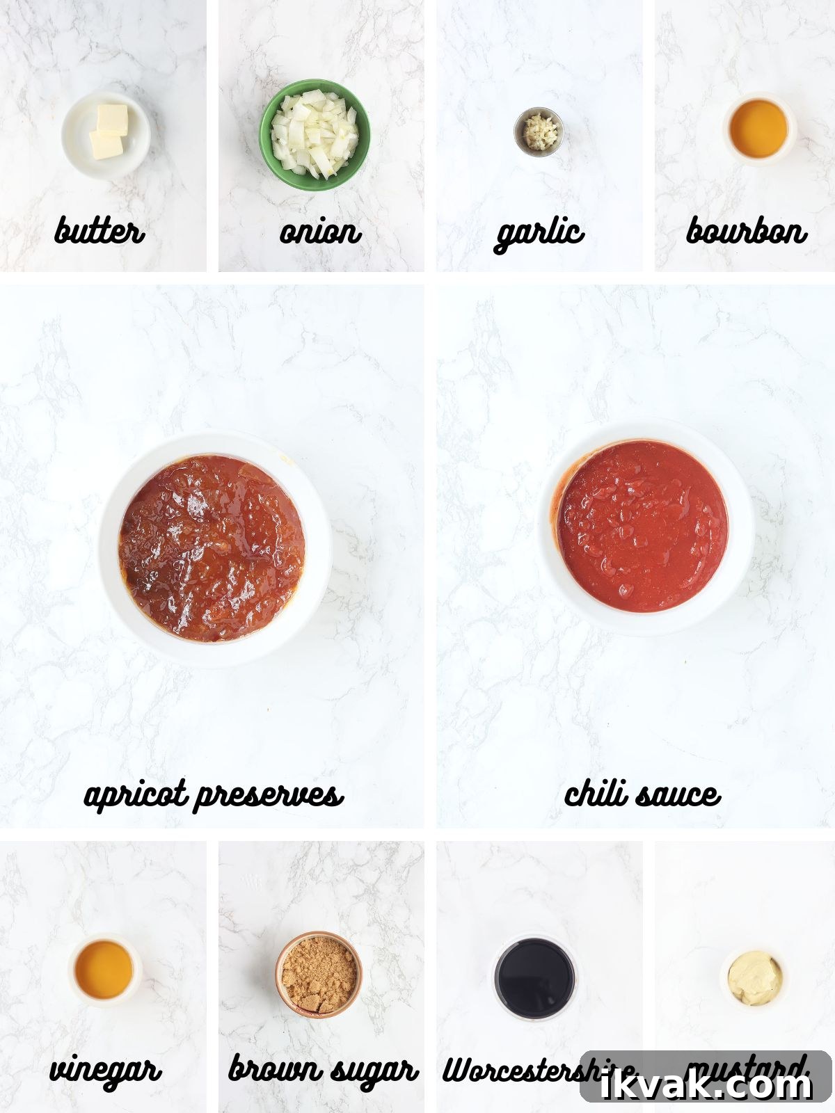 collage of ingredients needed to make the bourbon apricot glaze