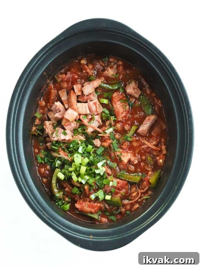 Campfire Stew Recipe with cooked ham and beans.