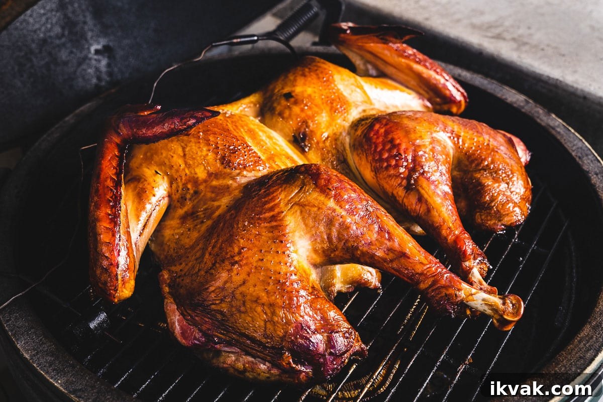 smoked spatchcock turkey in smoker horizontal