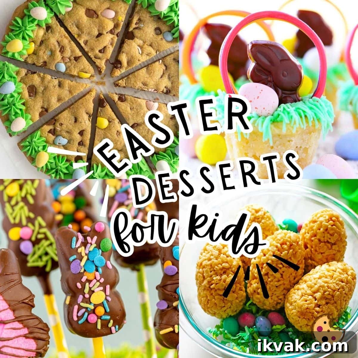 A collage of images with Easter desserts for kids - Easter Cookie Cake, Rice Krispies Eggs, Marshmallow Peep Pops, and Sugar Cookie Easter Baskets.