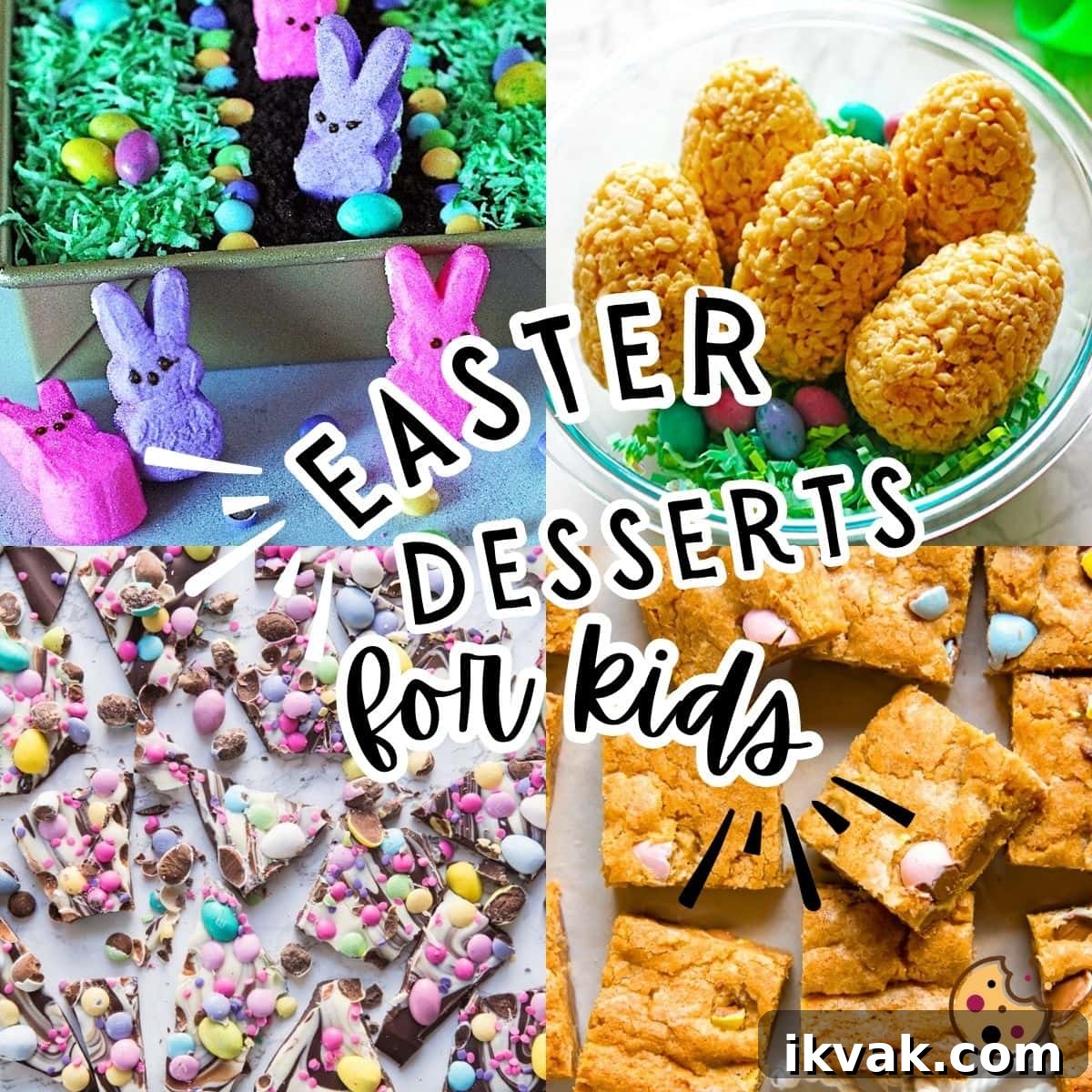 A collage of images with Easter desserts for kids - Easter Dirt Cake, Cadbury Egg Blondies, Cadbury Egg Bark, and Rice Krispies Eggs.