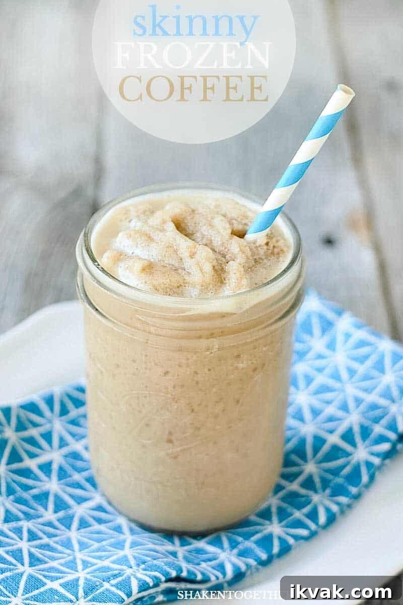 Save a ton of calories and skip the drive through with our make at home Skinny Frozen Coffee! This slushy coffee drink is a frosty, refreshing way to enjoy your morning cup of joe!