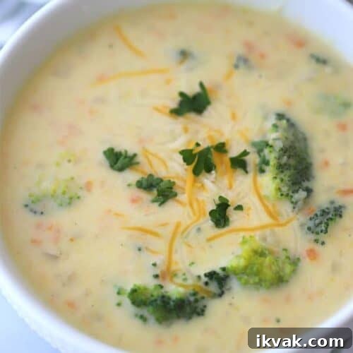 Creamy Broccoli Potato Cheese Soup Recipe for Comforting Meals 6 creamy Broccoli Potato cheese soup in a white bowl with broccoli on top
