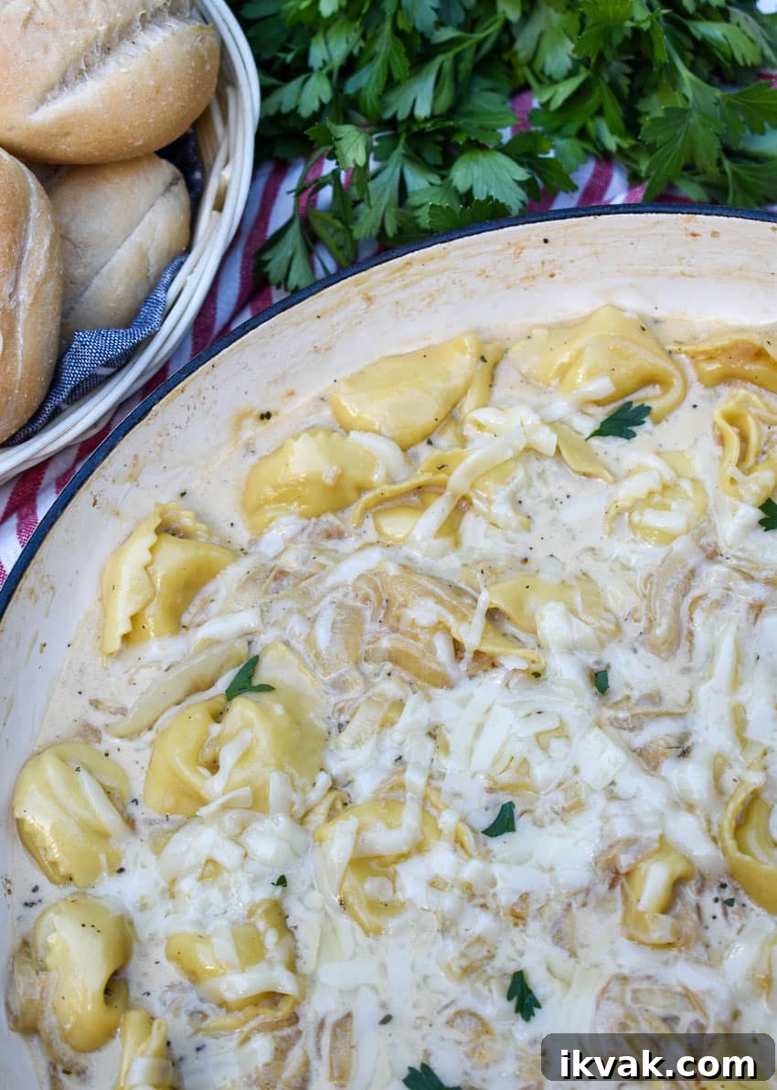 creamy french onion tortellini in a large cast iron skillet