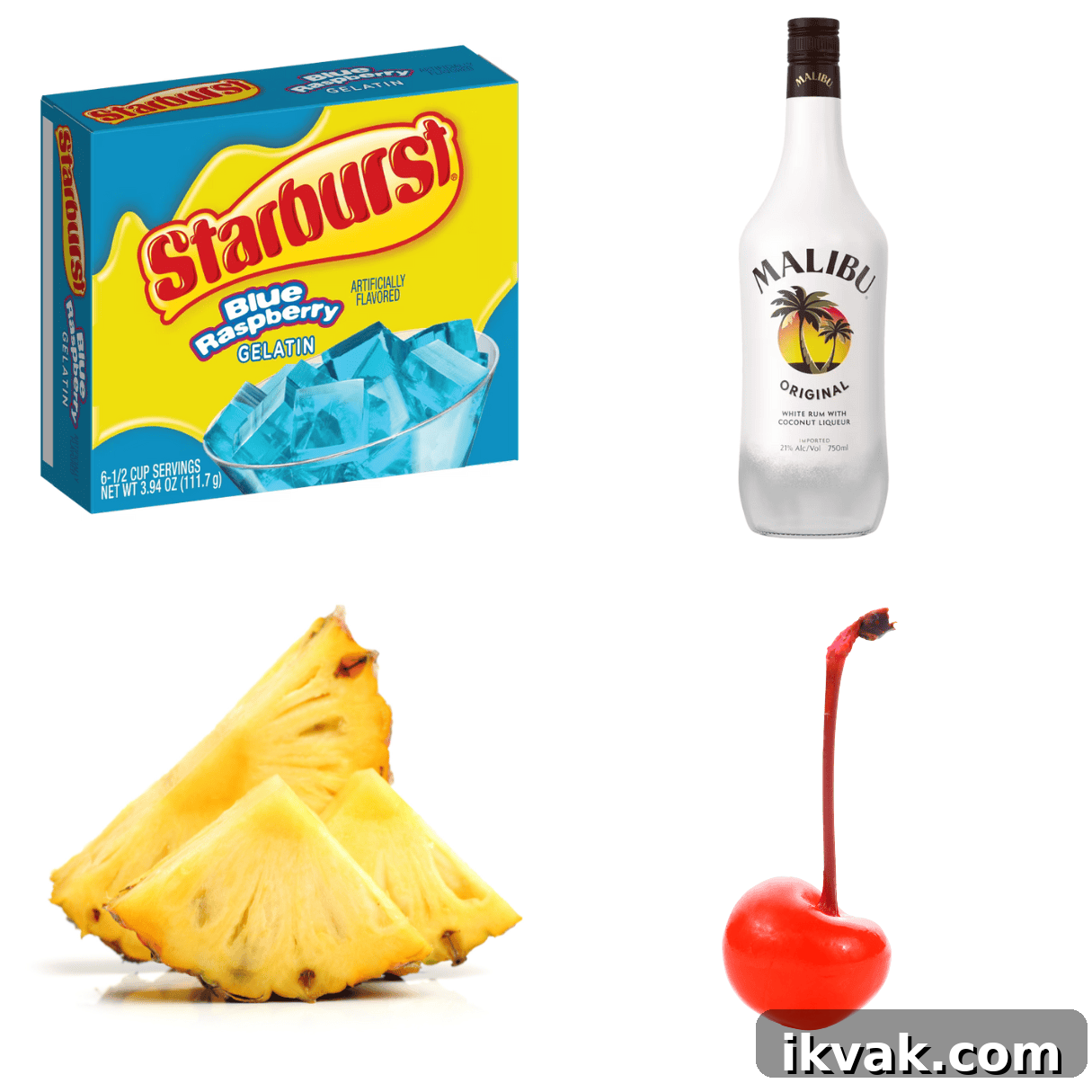 Malibu Coconut Rum Jello Shots Recipe for Summer Parties 3 ingredients including blue raspberry jello, malibu rum, pineapple, and a maraschino cherry.