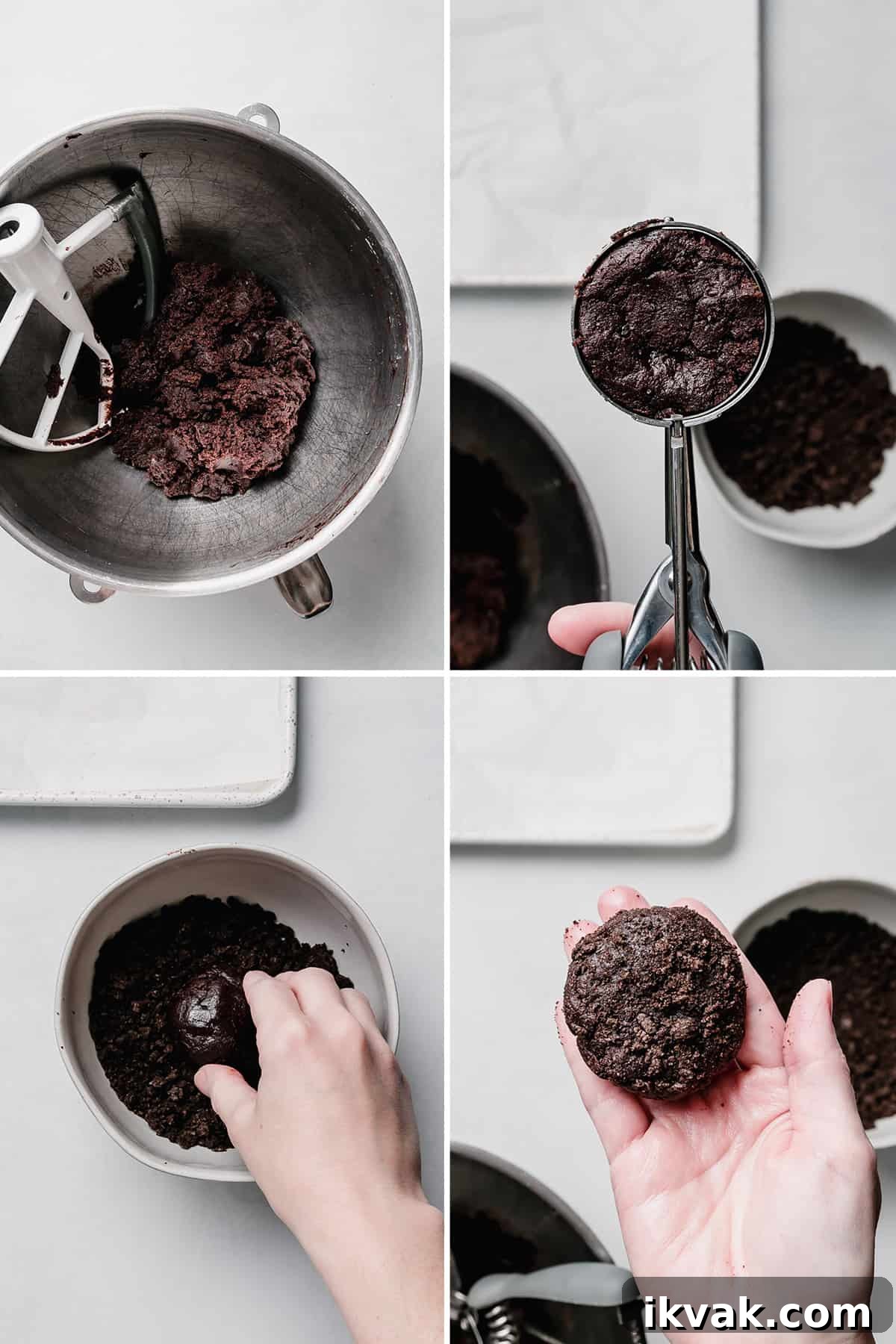 Image collage showing chocolate dough in bowl, cookie dough in large cookie scoop, hand pressing dough in cookie crumbs in bowl, cookie dough on hand with cookie crumbs on top.