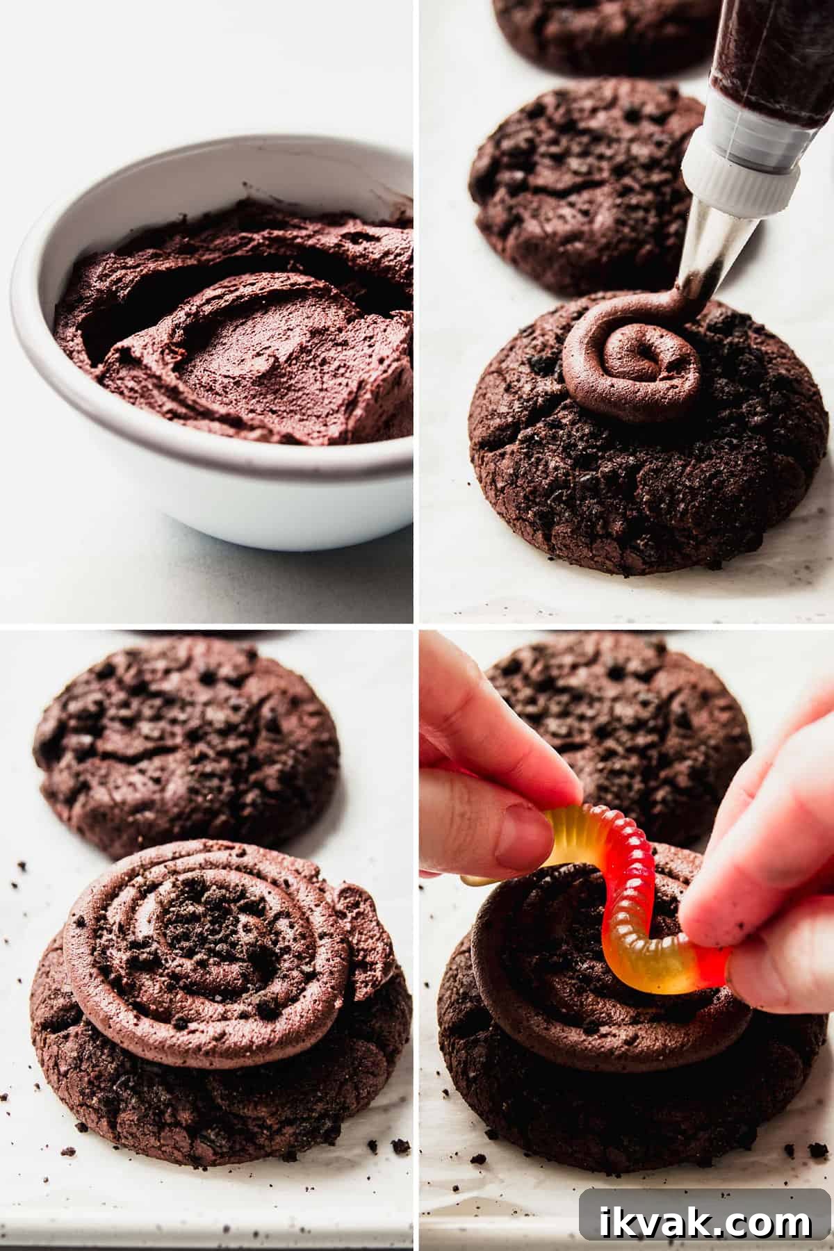 Image collage showing buttercream frosting in small bowl, icing piped in circle on top of cookie, cookie topped with Oreo crumbs, and hand placing gummy worm on top.