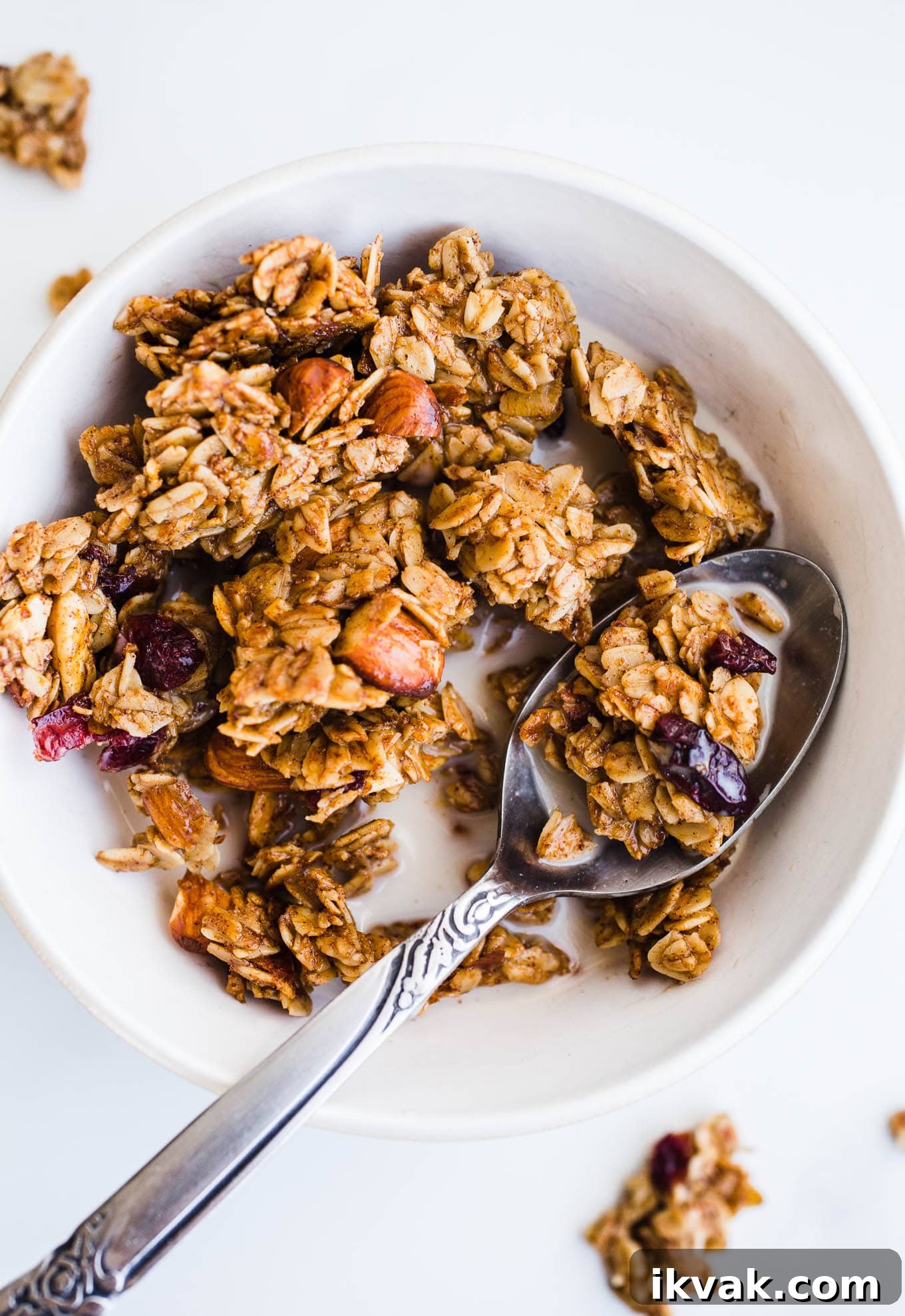 Gingerbread granola in a white bowl.