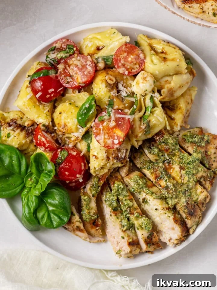 close up view of sliced chicken with pesto, tortellini salad with tomatoes and fresh basil