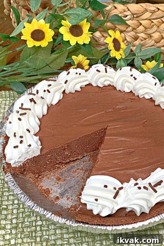 No-Bake Chocolate Truffle Pie Recipe: Creamy Decadent Dessert 3 A chocolaty dessert with a piece of silky deliciousness missing.