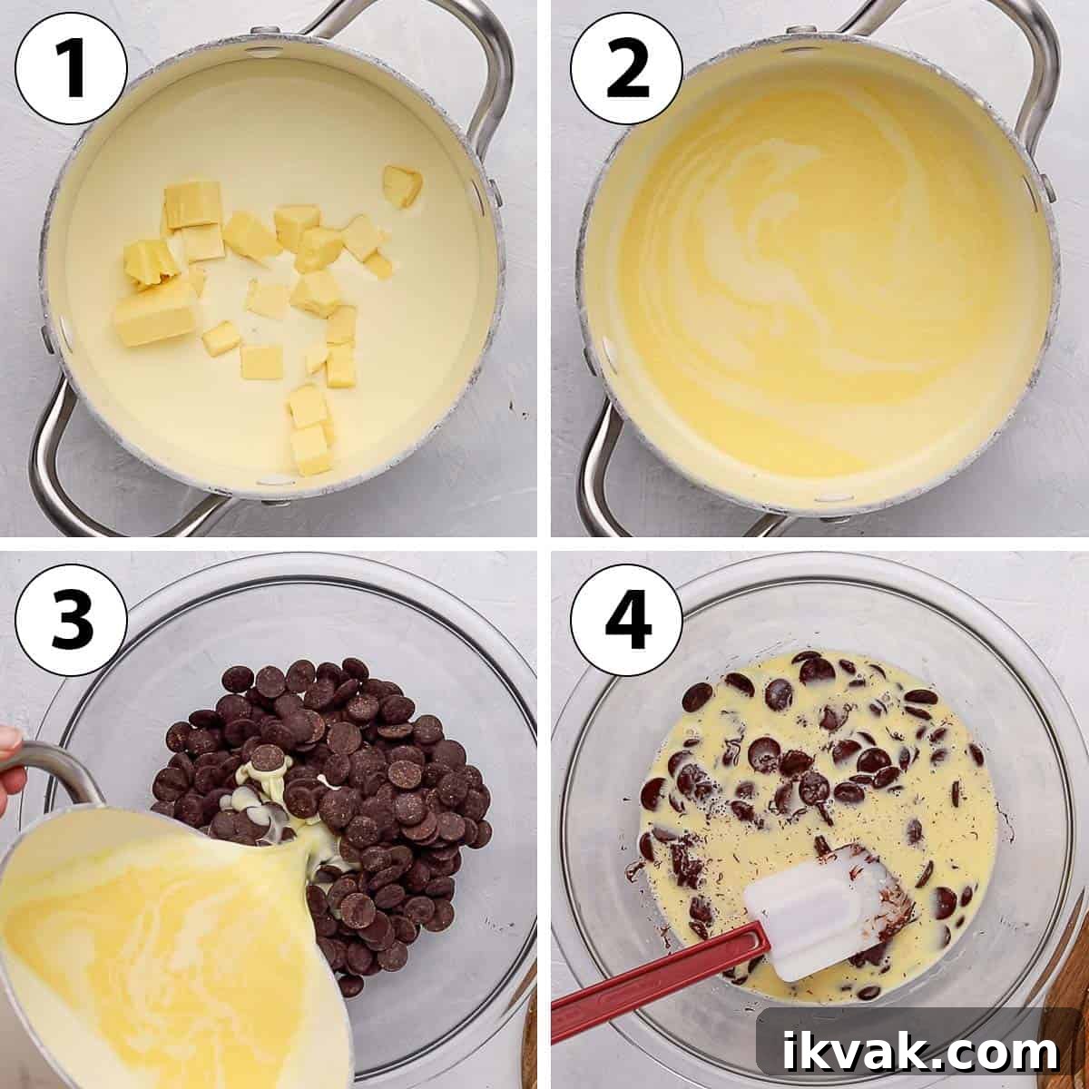 Process Shot Collage: heating up the cream and melting the chocolate.