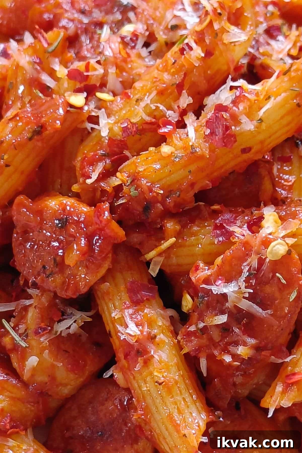Vibrant looking spicy sausage pasta close up image.