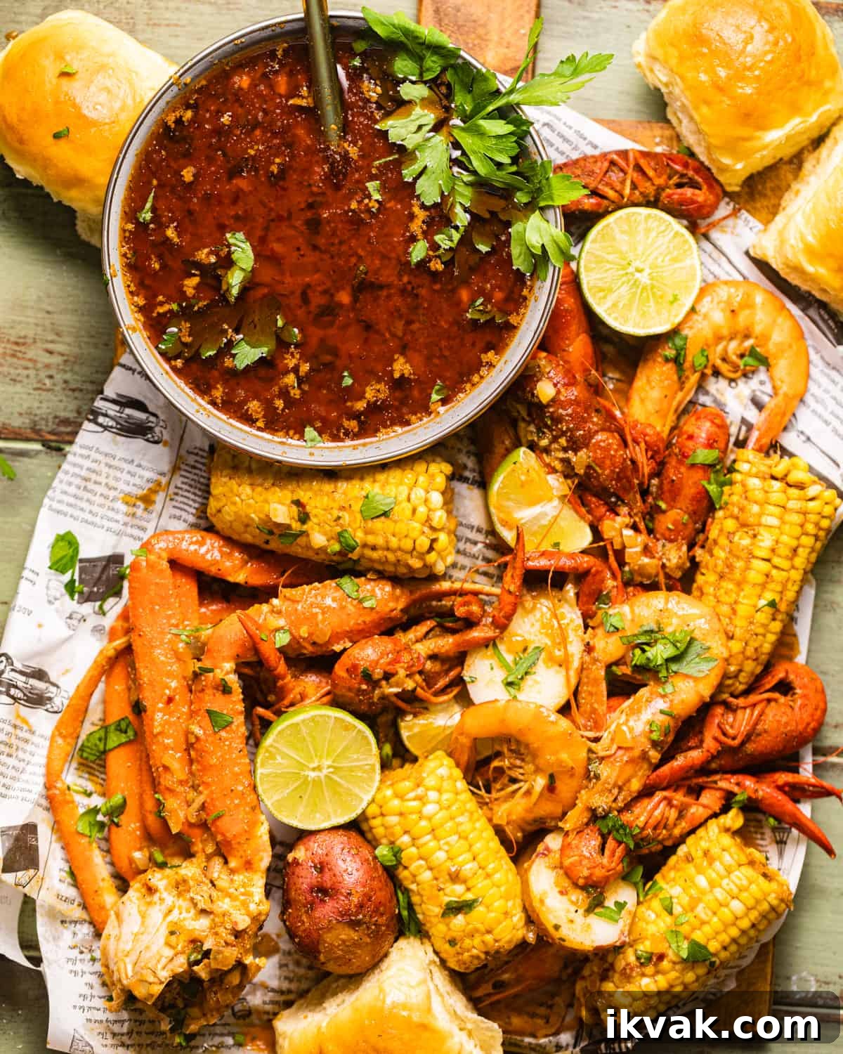 seafood on a table with corn and potatoes.