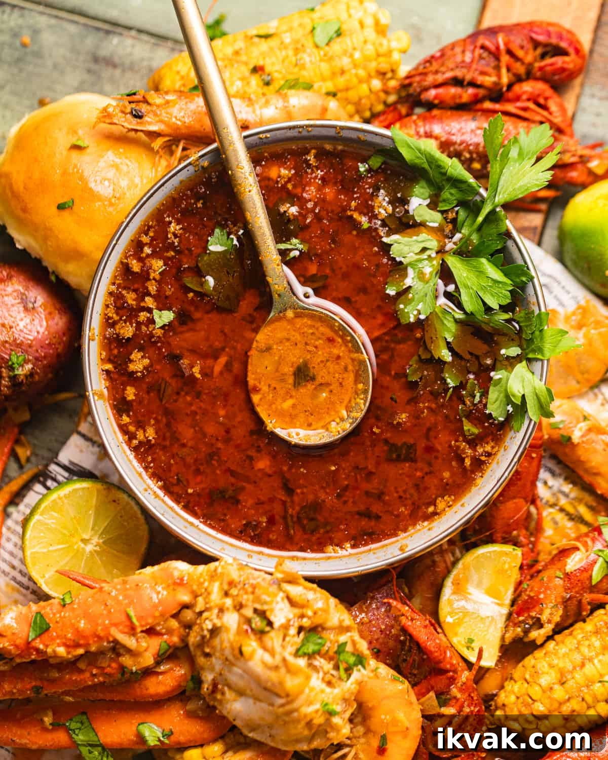 seafood boil sauce in a bowl with a spoon.