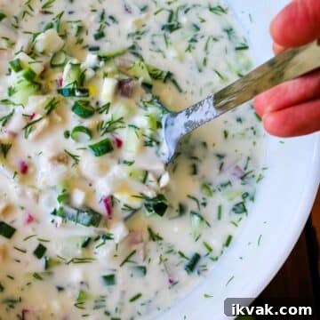 Okroshka in a bowl with ladle