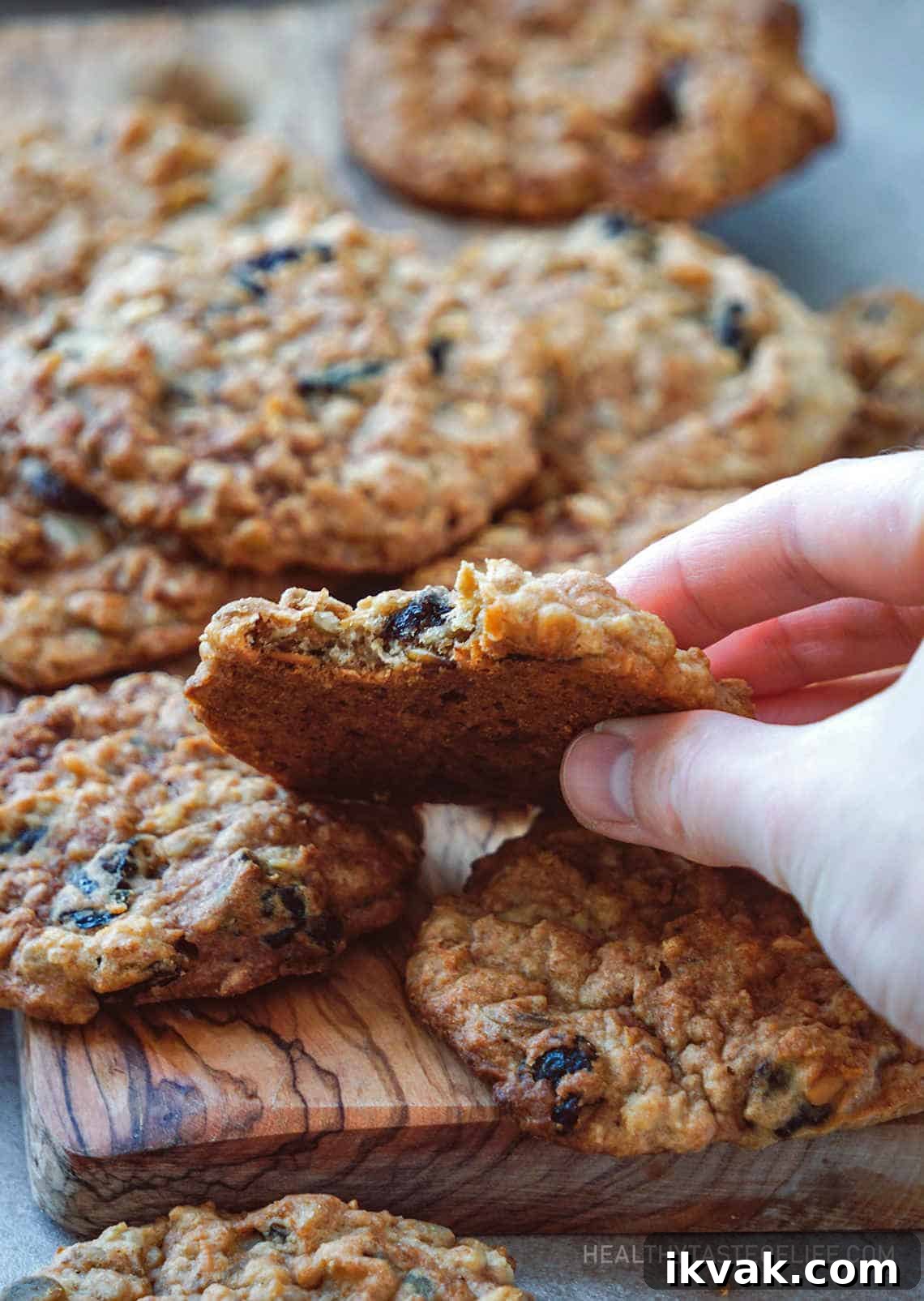 Vegan applesauce oatmeal cookies with dried fruit, seeds and cinnamon.